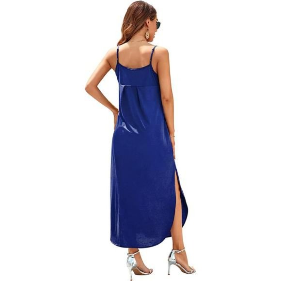 Women's Sleeveless V Neck Strappy Split Long Cami Maxi Dresses with Pocket - Picture 2 of 6